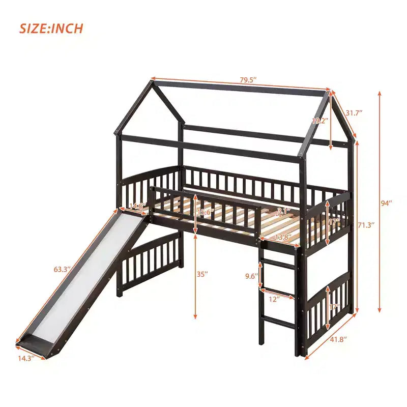 Letto a soppalco a capanna per bambini con scivolo, in legno massello di pino, capacità 136 kg