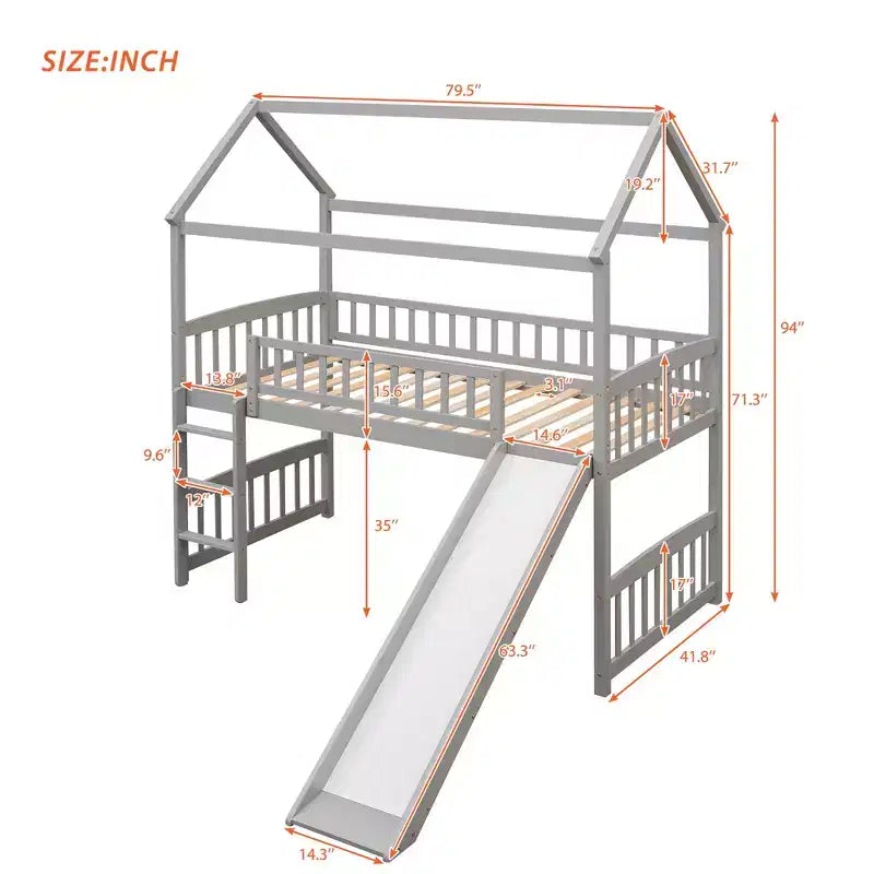 Letto a soppalco a capanna per bambini con scivolo, in legno massello di pino, capacità 136 kg