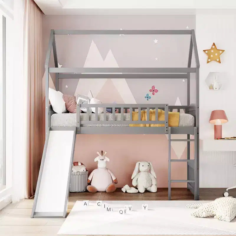 Letto a soppalco a capanna per bambini con scivolo, in legno massello di pino, capacità 136 kg