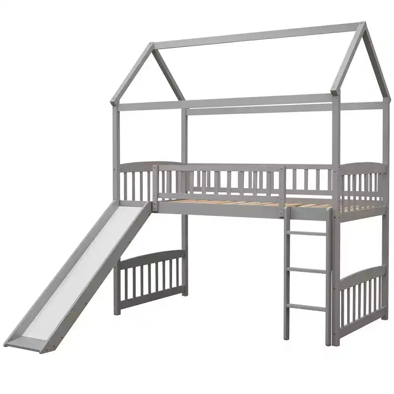 Letto a soppalco a capanna per bambini con scivolo, in legno massello di pino, capacità 136 kg