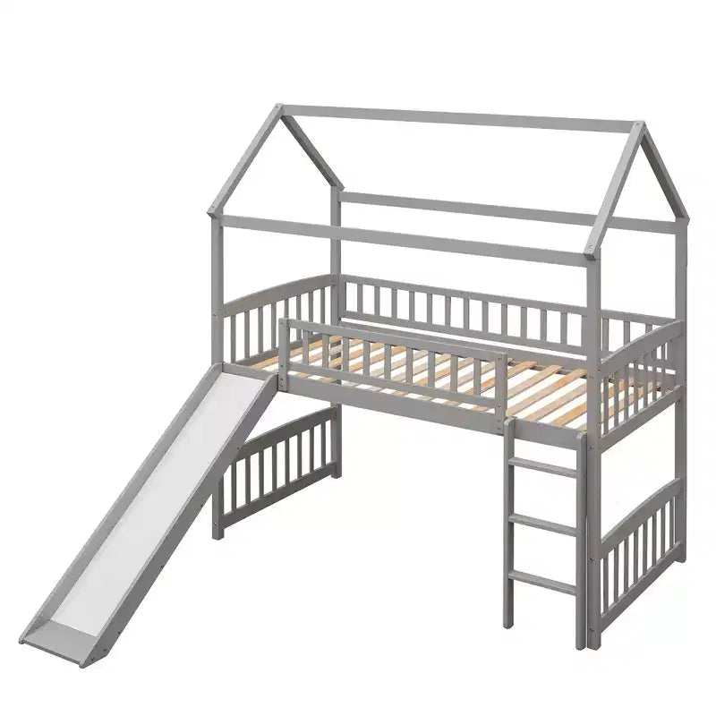 Letto a soppalco a capanna per bambini con scivolo, in legno massello di pino, capacità 136 kg