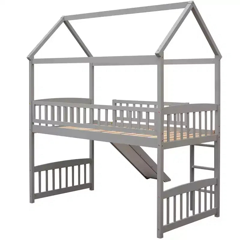 Letto a soppalco a capanna per bambini con scivolo, in legno massello di pino, capacità 136 kg