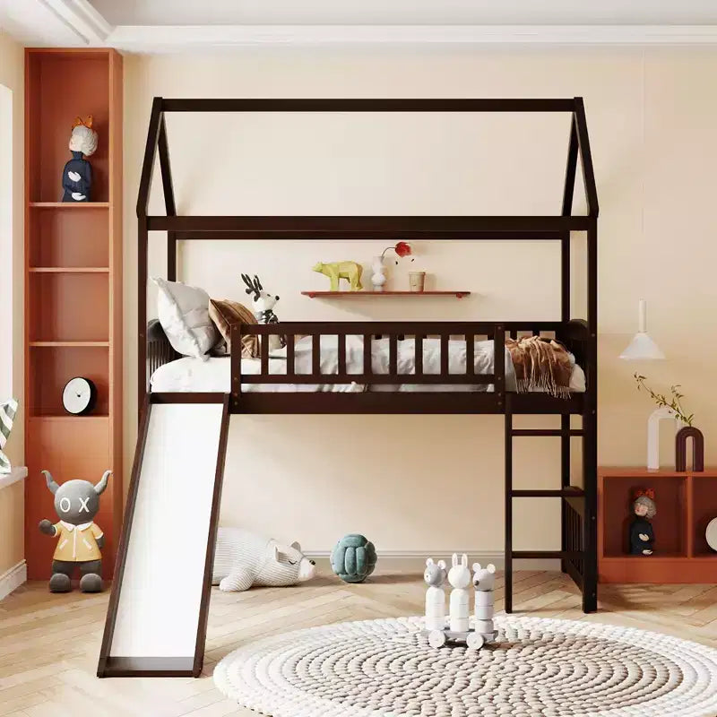 Letto a soppalco a capanna per bambini con scivolo, in legno massello di pino, capacità 136 kg