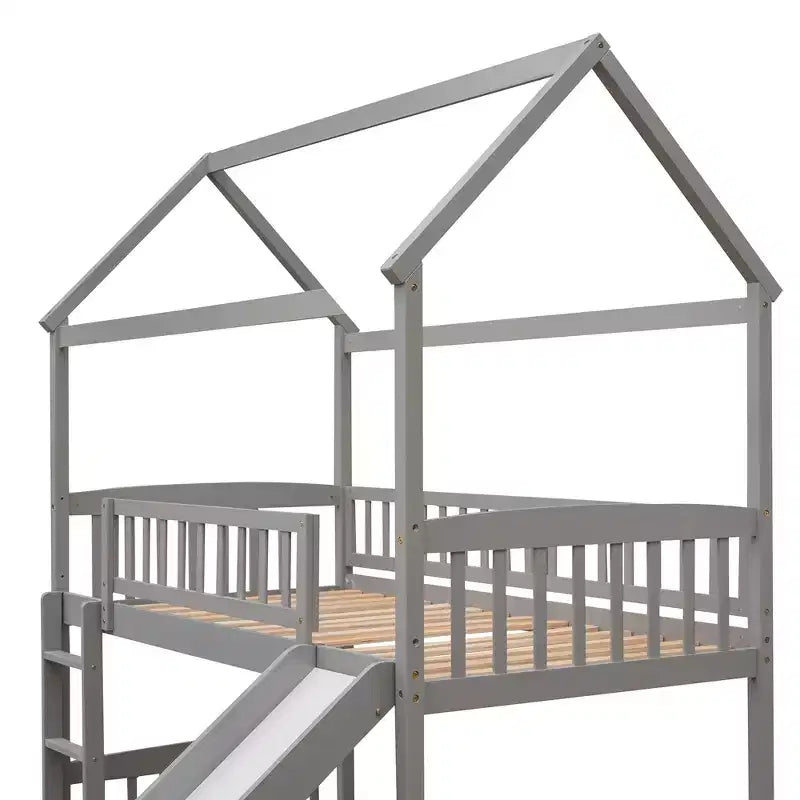 Letto a soppalco a capanna per bambini con scivolo, in legno massello di pino, capacità 136 kg