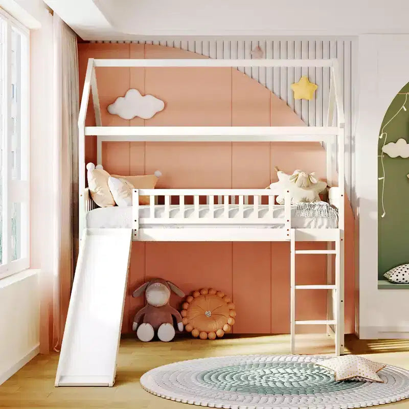 Letto a soppalco a capanna per bambini con scivolo, in legno massello di pino, capacità 136 kg