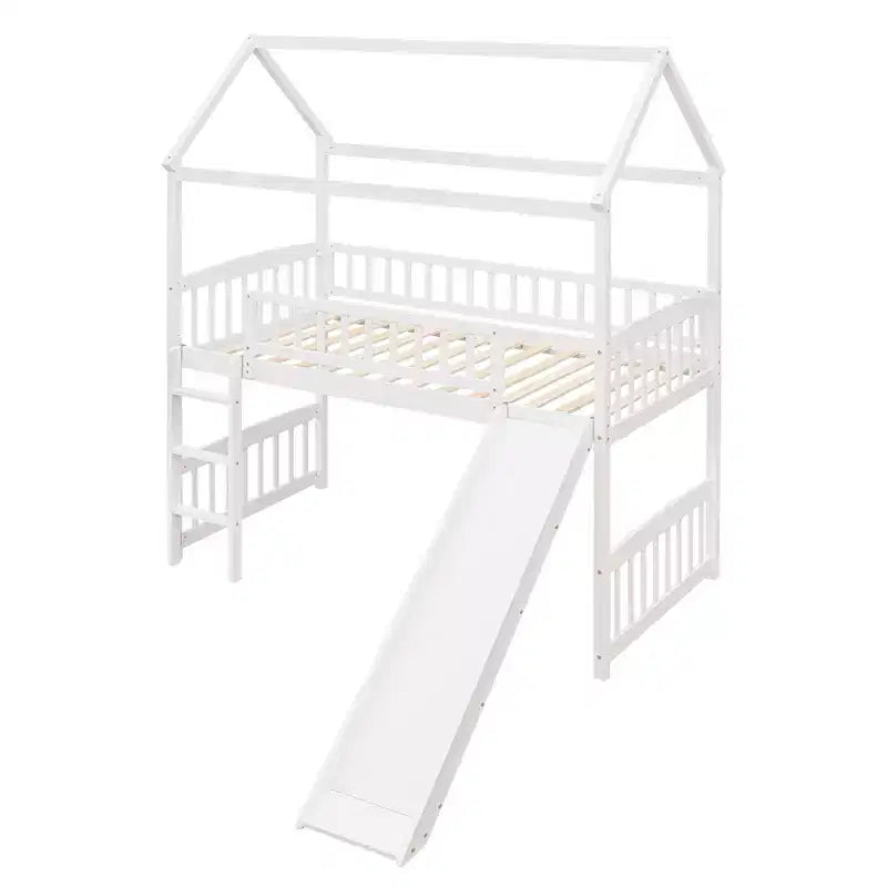 Letto a soppalco a capanna per bambini con scivolo, in legno massello di pino, capacità 136 kg