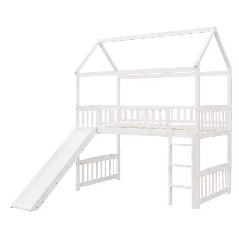 Letto a soppalco a capanna per bambini con scivolo, in legno massello di pino, capacità 136 kg