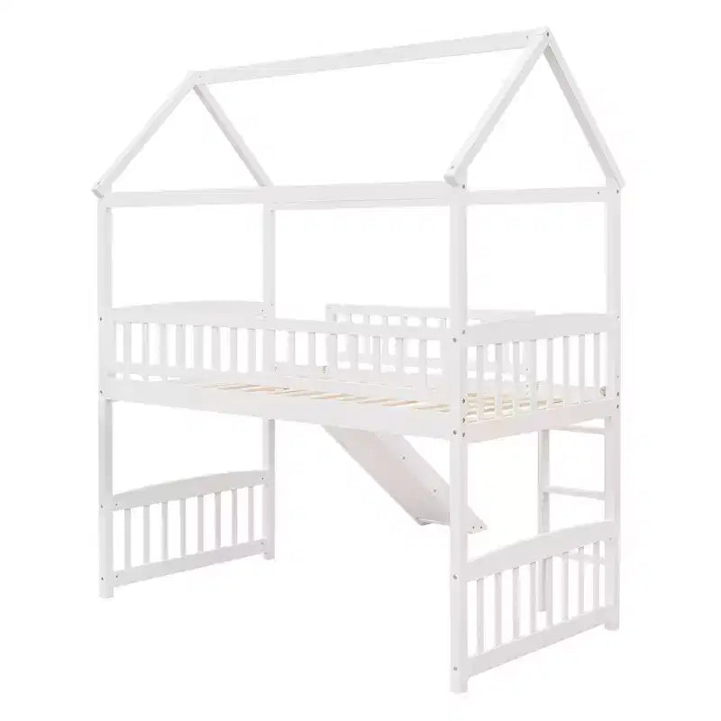 Letto a soppalco a capanna per bambini con scivolo, in legno massello di pino, capacità 136 kg