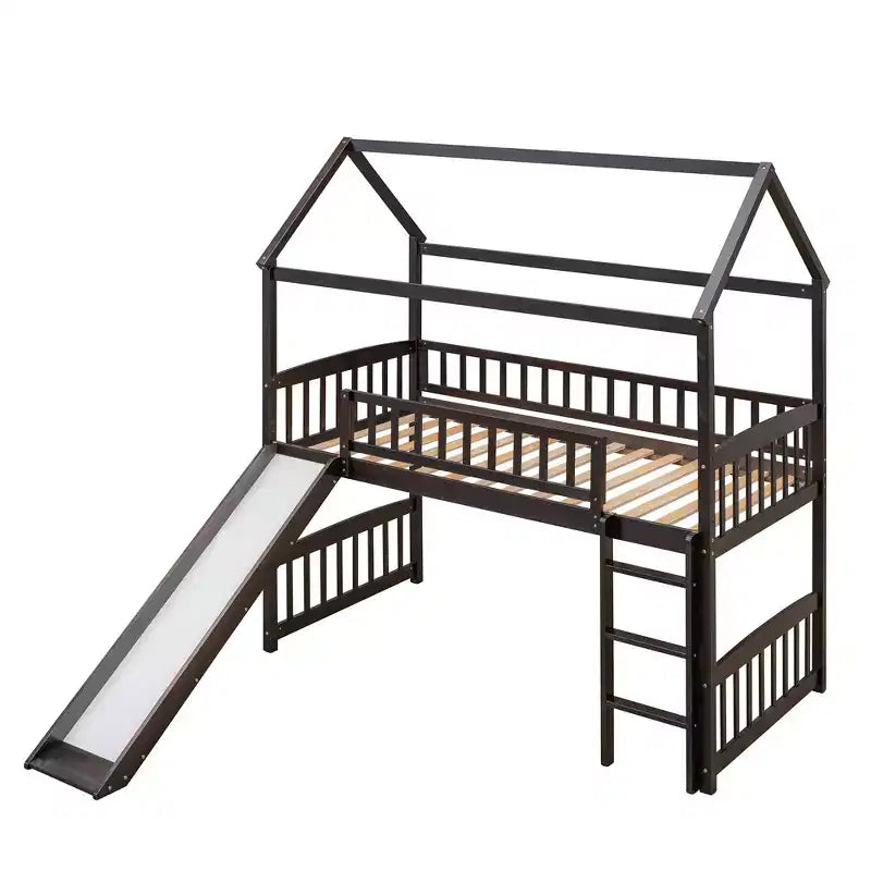 Letto a soppalco a capanna per bambini con scivolo, in legno massello di pino, capacità 136 kg