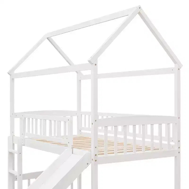 Letto a soppalco a capanna per bambini con scivolo, in legno massello di pino, capacità 136 kg