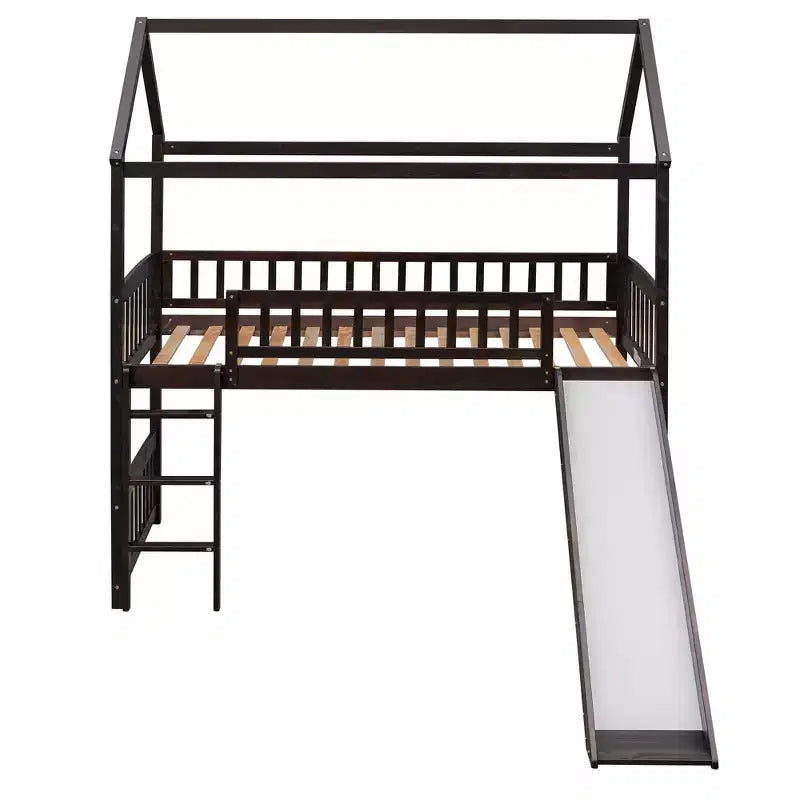 Letto a soppalco a capanna per bambini con scivolo, in legno massello di pino, capacità 136 kg