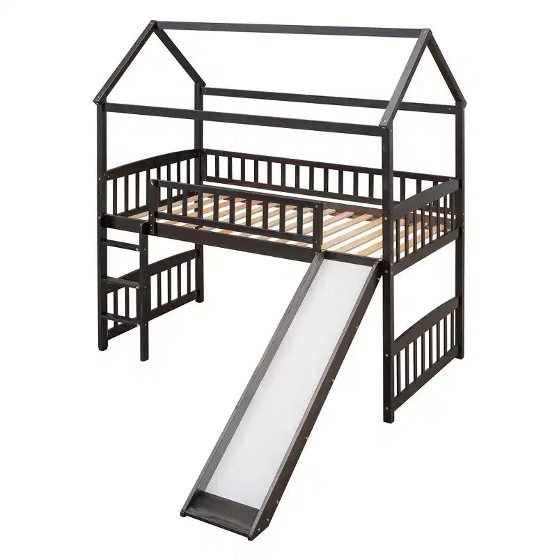 Letto a soppalco a capanna per bambini con scivolo, in legno massello di pino, capacità 136 kg
