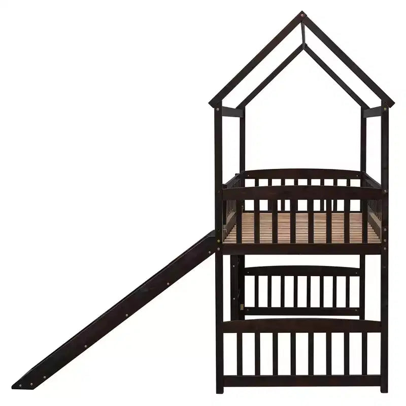 Letto a soppalco a capanna per bambini con scivolo, in legno massello di pino, capacità 136 kg