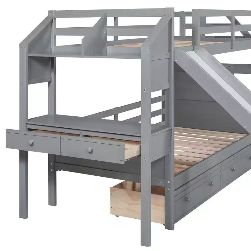 Letto a castello singolo su singolo con scivolo, scala contenitore, scrivania e cassetti, legno di pino