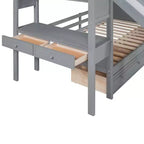 Letto a castello singolo su singolo con scivolo, scala contenitore, scrivania e cassetti, legno di pino