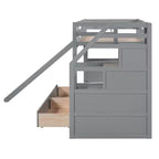 Letto a castello singolo su singolo con scivolo, scala contenitore, scrivania e cassetti, legno di pino