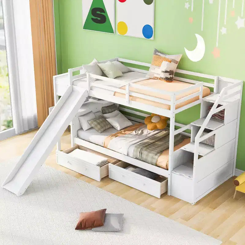 Letto a castello singolo su singolo con scivolo, scala contenitore, scrivania e cassetti, legno di pino