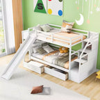 Letto a castello singolo su singolo con scivolo, scala contenitore, scrivania e cassetti, legno di pino