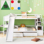 Letto a castello singolo su singolo con scivolo, scala contenitore, scrivania e cassetti, legno di pino