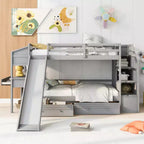 Letto a castello singolo su singolo con scivolo, scala contenitore, scrivania e cassetti, legno di pino
