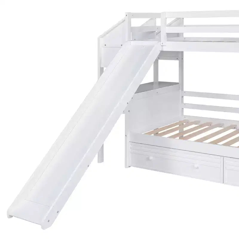 Letto a castello singolo su singolo con scivolo, scala contenitore, scrivania e cassetti, legno di pino