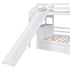Letto a castello singolo su singolo con scivolo, scala contenitore, scrivania e cassetti, legno di pino