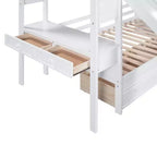 Letto a castello singolo su singolo con scivolo, scala contenitore, scrivania e cassetti, legno di pino