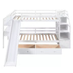 Letto a castello singolo su singolo con scivolo, scala contenitore, scrivania e cassetti, legno di pino