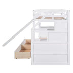 Letto a castello singolo su singolo con scivolo, scala contenitore, scrivania e cassetti, legno di pino