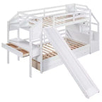 Letto a castello singolo su singolo con scivolo, scala contenitore, scrivania e cassetti, legno di pino