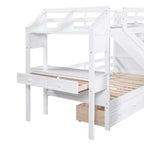 Letto a castello singolo su singolo con scivolo, scala contenitore, scrivania e cassetti, legno di pino
