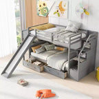 Letto a castello singolo su singolo con scivolo, scala contenitore, scrivania e cassetti, legno di pino