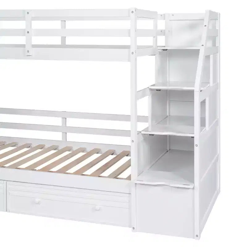 Letto a castello singolo su singolo con scivolo, scala contenitore, scrivania e cassetti, legno di pino