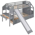 Letto a castello singolo su singolo con scivolo, scala contenitore, scrivania e cassetti, legno di pino