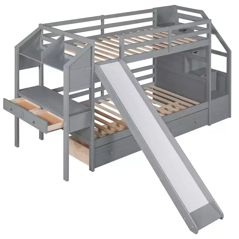 Letto a castello singolo su singolo con scivolo, scala contenitore, scrivania e cassetti, legno di pino
