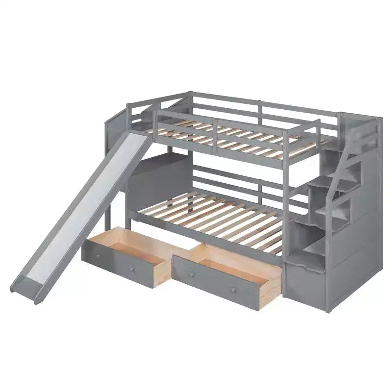 Letto a castello singolo su singolo con scivolo, scala contenitore, scrivania e cassetti, legno di pino