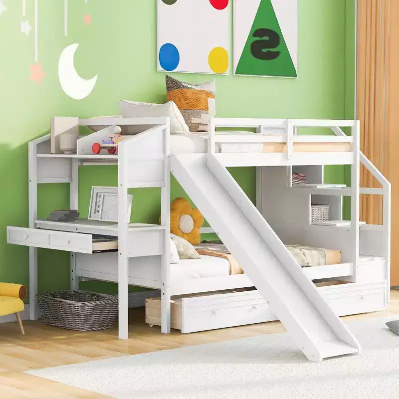 Letto a castello singolo su singolo con scivolo, scala contenitore, scrivania e cassetti, legno di pino