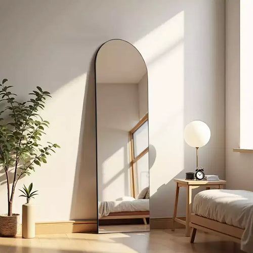 Specchio da terra a figura intera ad angolo retto ad arco da 64 pollici, specchio da parete con cornice sottile in lega di alluminio con staffa