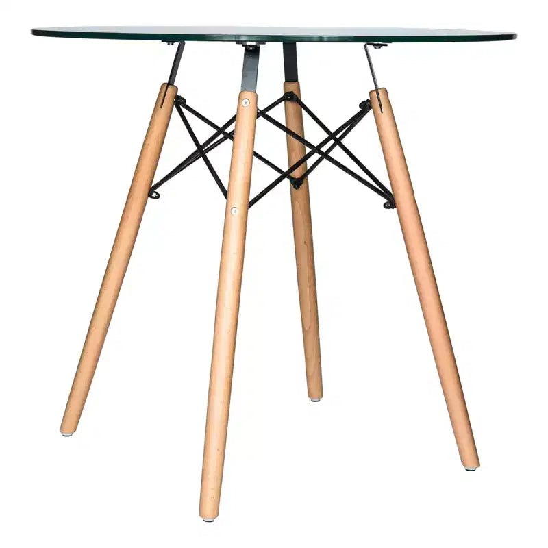 Tavolo da pranzo bistrot rotondo mid-century da 80 cm, piano in vetro temperato o MDF, base Eiffel