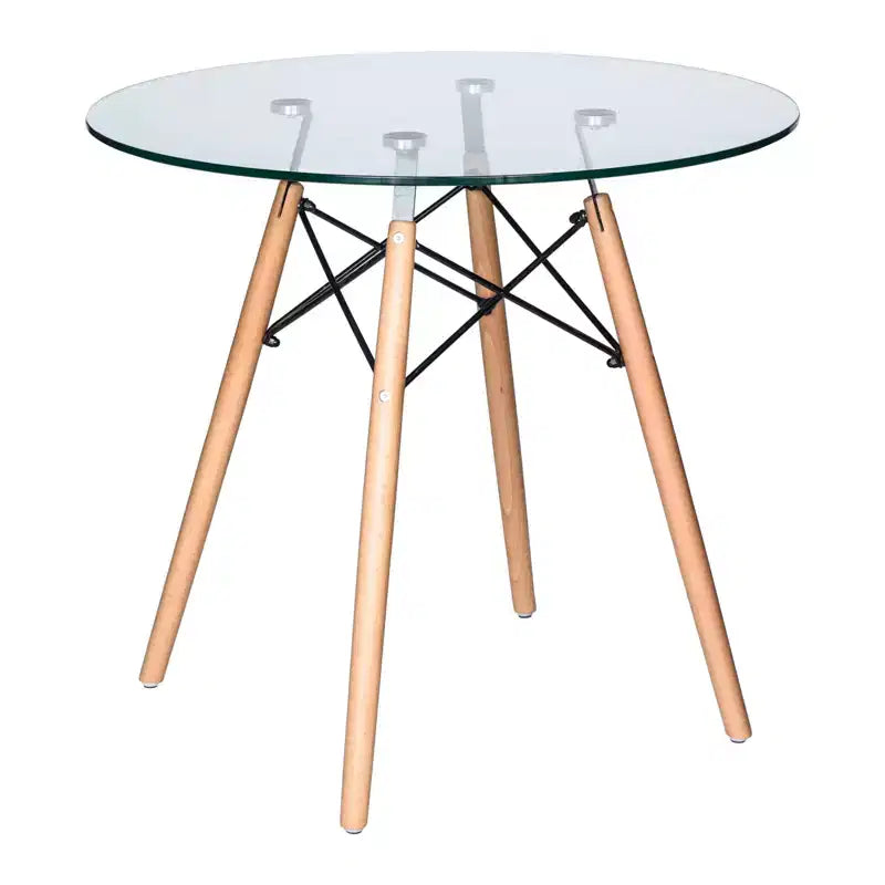 Tavolo da pranzo bistrot rotondo mid-century da 80 cm, piano in vetro temperato o MDF, base Eiffel