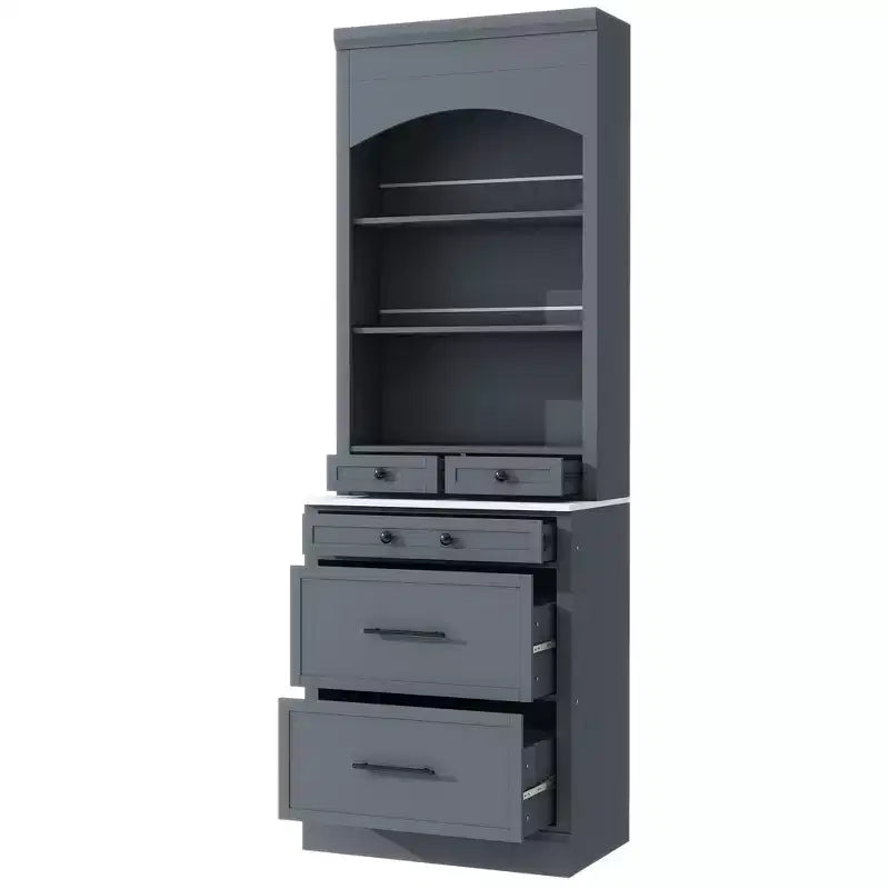 Dispensa da Cucina Autoportante da 212,6 cm con Top Effetto Marmo, 5 Cassetti e Ripiani