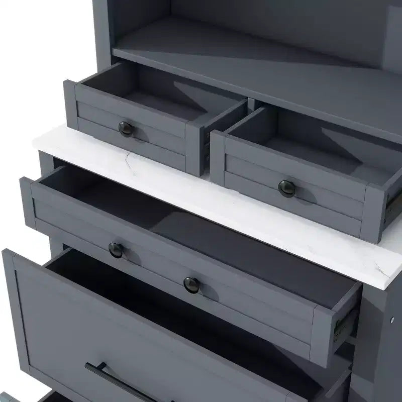 Dispensa da Cucina Autoportante da 212,6 cm con Top Effetto Marmo, 5 Cassetti e Ripiani