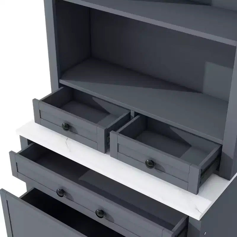Dispensa da Cucina Autoportante da 212,6 cm con Top Effetto Marmo, 5 Cassetti e Ripiani