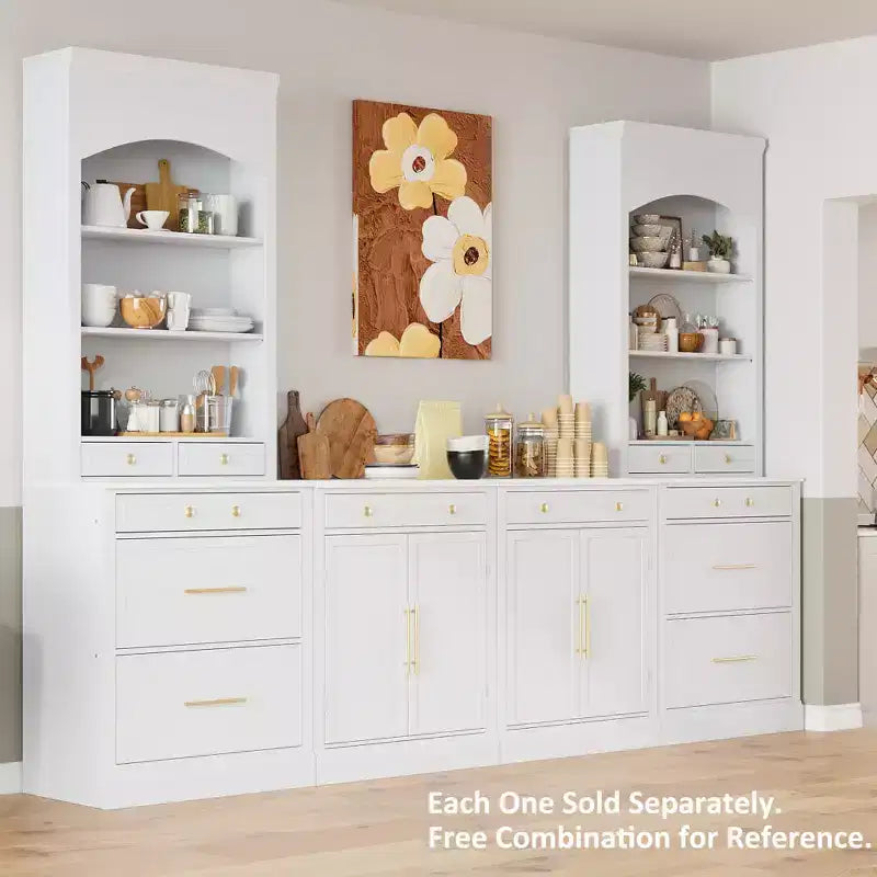 Dispensa da Cucina Autoportante da 212,6 cm con Top Effetto Marmo, 5 Cassetti e Ripiani