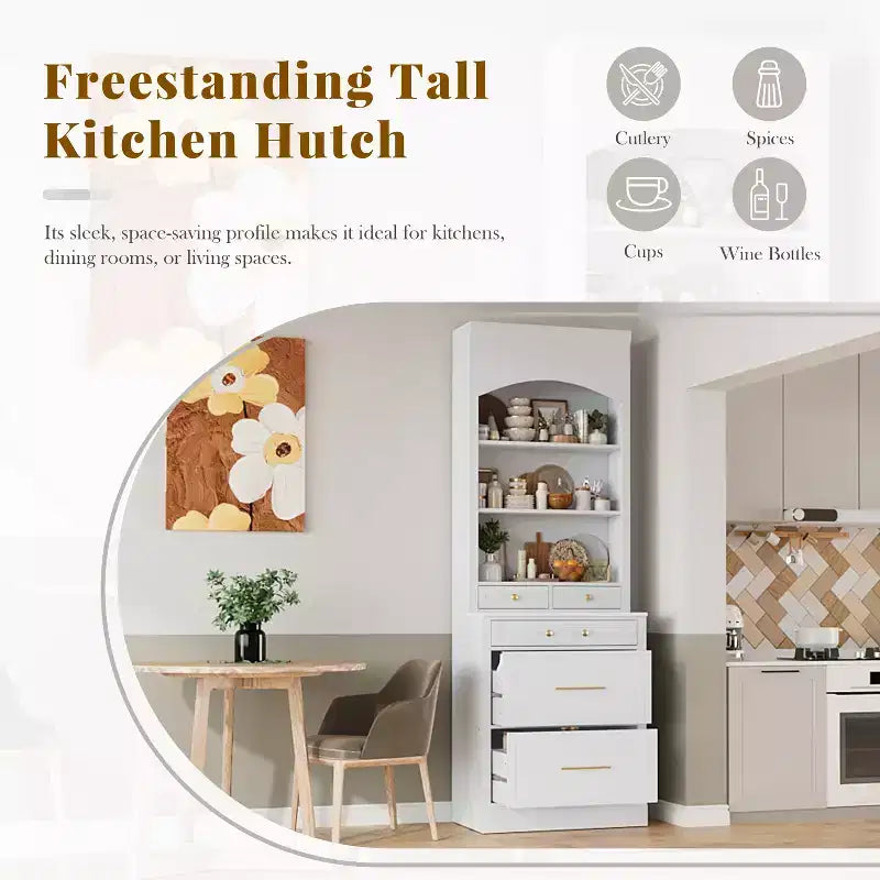 Dispensa da Cucina Autoportante da 212,6 cm con Top Effetto Marmo, 5 Cassetti e Ripiani