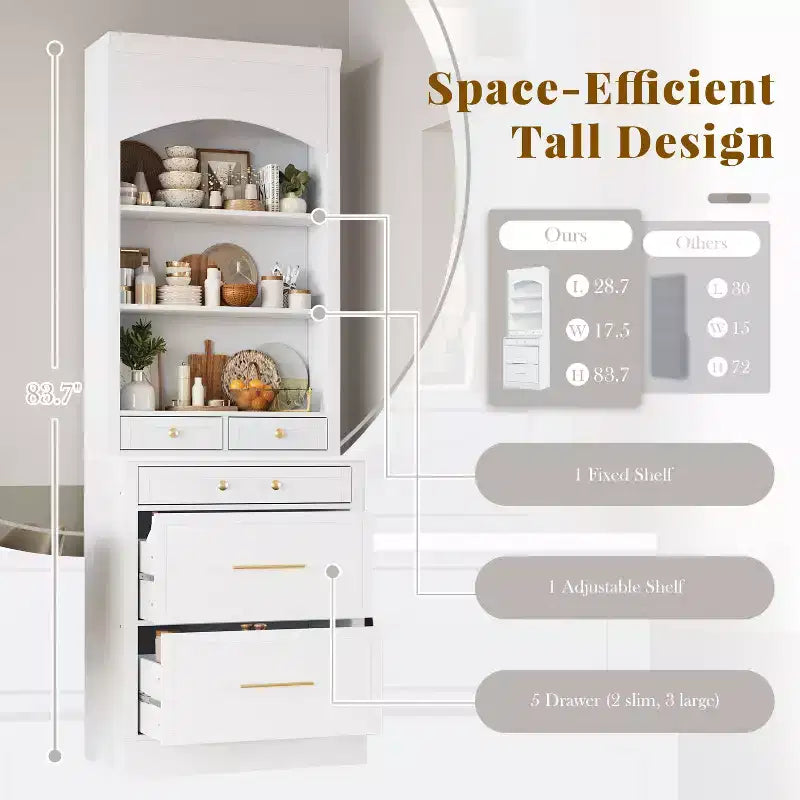 Dispensa da Cucina Autoportante da 212,6 cm con Top Effetto Marmo, 5 Cassetti e Ripiani