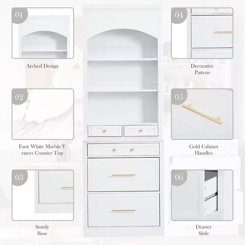 Dispensa da Cucina Autoportante da 212,6 cm con Top Effetto Marmo, 5 Cassetti e Ripiani