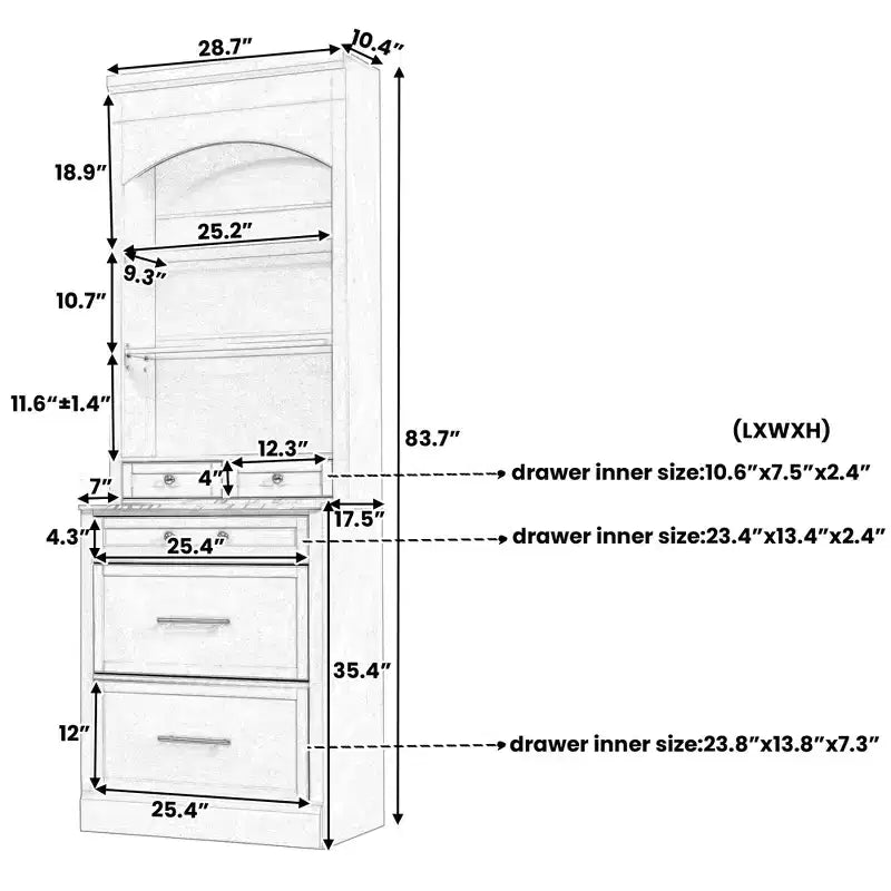 Dispensa da Cucina Autoportante da 212,6 cm con Top Effetto Marmo, 5 Cassetti e Ripiani