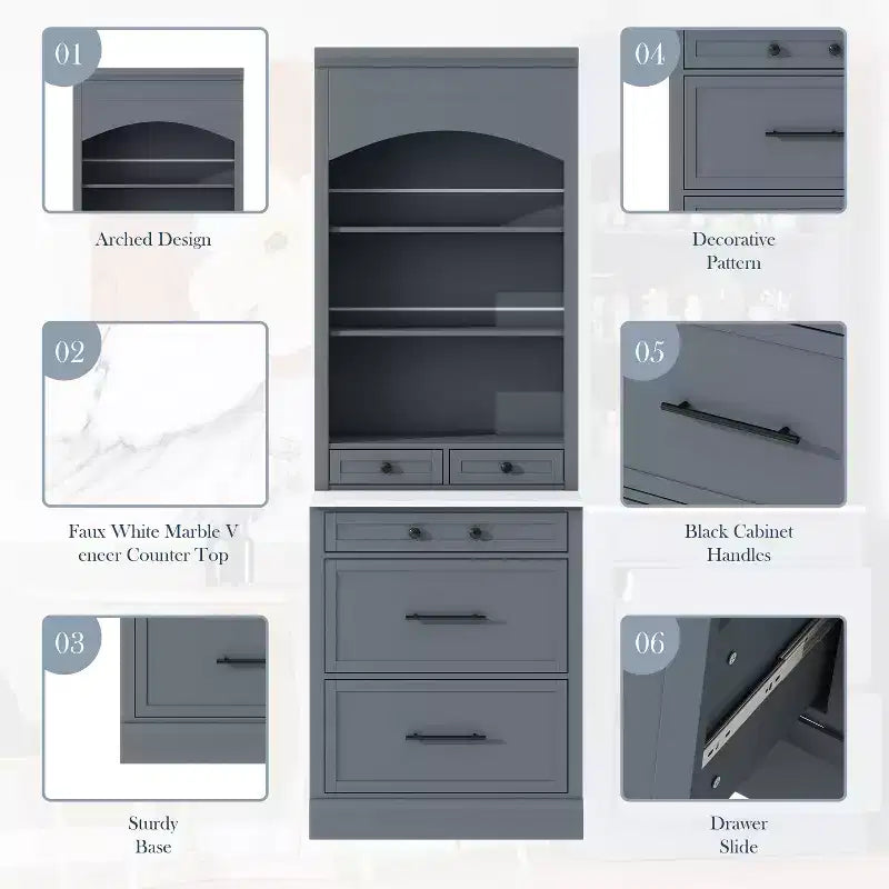 Dispensa da Cucina Autoportante da 212,6 cm con Top Effetto Marmo, 5 Cassetti e Ripiani