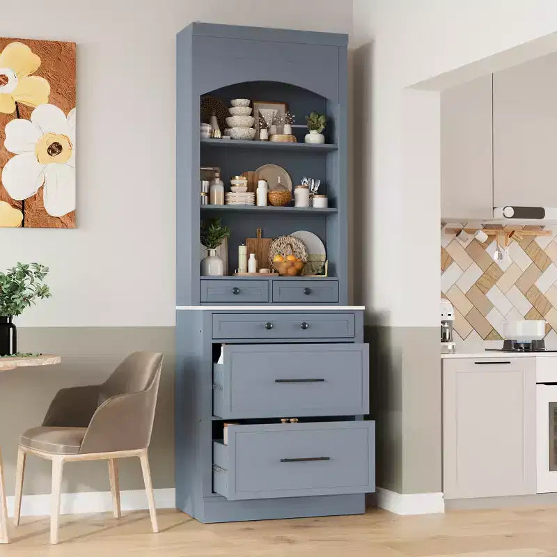Dispensa da Cucina Autoportante da 212,6 cm con Top Effetto Marmo, 5 Cassetti e Ripiani